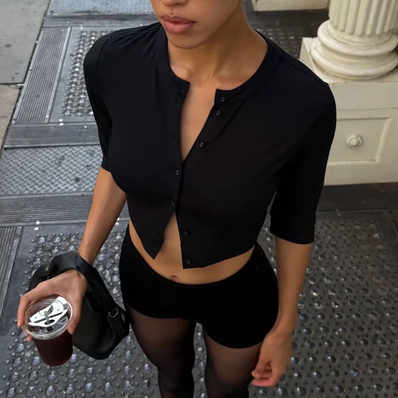 Talenza Black Women's T-Shirt Summer New Button Patchwork Slim Tops Fashion Casual Commuting Streetwear Simple Basic Female Tops
Talenza Black Women's T-Shirt Summer New Button Patchwork Slim Tops Fashion Casual Commuting Streetwear Simple Basic Female Tops
