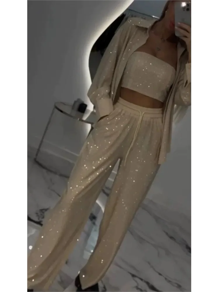 Fashion Sexy Sequins Shiny 3 Piece Sets Womens Strapless Tube Top Lapel Shirt Coat + Lace-up Pants Outfits Spring Autumn Suit
Fashion Sexy Sequins Shiny 3 Piece Sets Womens Strapless Tube Top Lapel Shirt Coat + Lace-up Pants Outfits Spring Autumn Suit