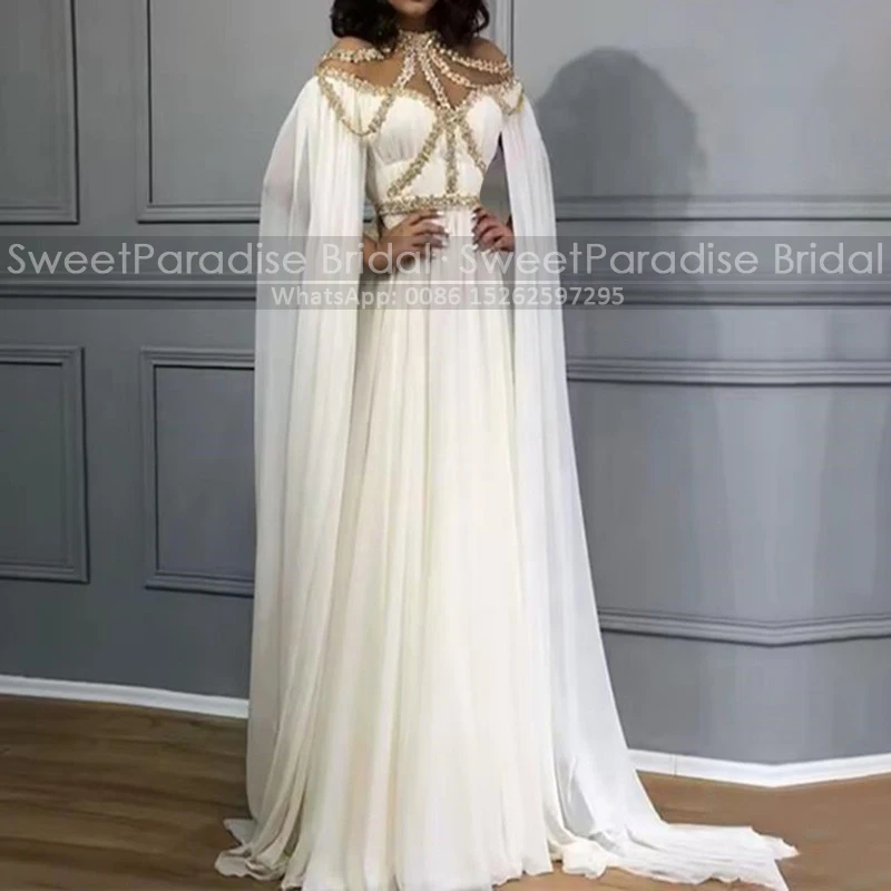 Customized A Line Evening Dress With Cape Sleeves Appliques Long Dubai Arabic Women White Chiffon Masquerade Dress Party
Customized A Line Evening Dress With Cape Sleeves Appliques Long Dubai Arabic Women White Chiffon Masquerade Dress Party