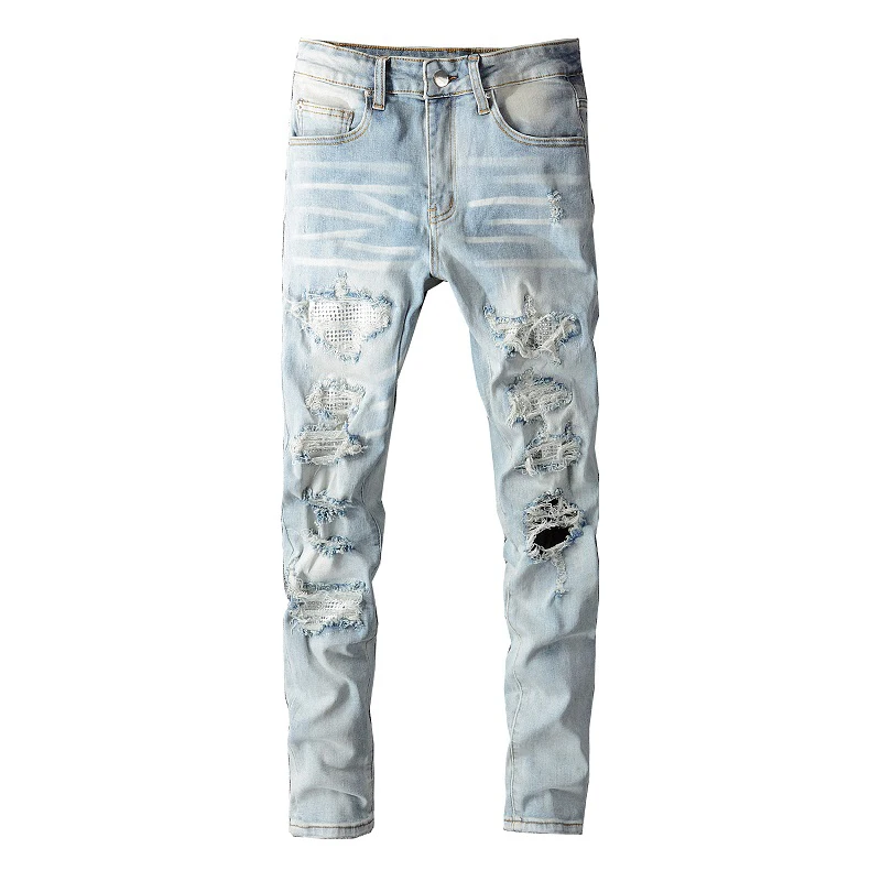 2025 Men Crystal Holes Ripped Patchwork Jeans Streetwear Light Blue Denim Slim Skinny Pencil Pants Trousers
2025 Men Crystal Holes Ripped Patchwork Jeans Streetwear Light Blue Denim Slim Skinny Pencil Pants Trousers