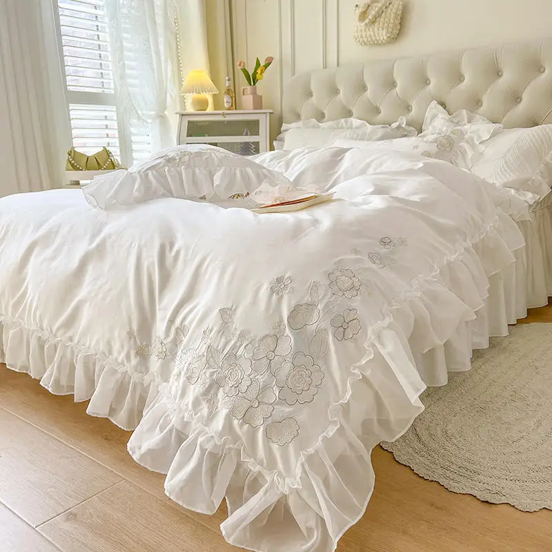 Flowers Embroidery White Princess Bedding Set Korean Style Lace Ruffles 100% Cotton Duvet Cover Bedspread Bed Skirt Pillowcases
Flowers Embroidery White Princess Bedding Set Korean Style Lace Ruffles 100% Cotton Duvet Cover Bedspread Bed Skirt Pillowcases
