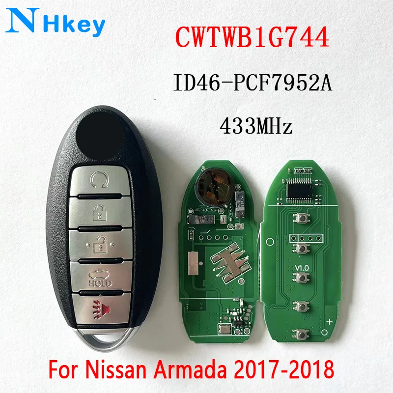 NHkey Keyless for Nissan Patrol Armada 433.92Mhz FSK ID46 PCF7952A Chip Smart Remote Car Key Fob CWTWB1G744
NHkey Keyless for Nissan Patrol Armada 433.92Mhz FSK ID46 PCF7952A Chip Smart Remote Car Key Fob CWTWB1G744