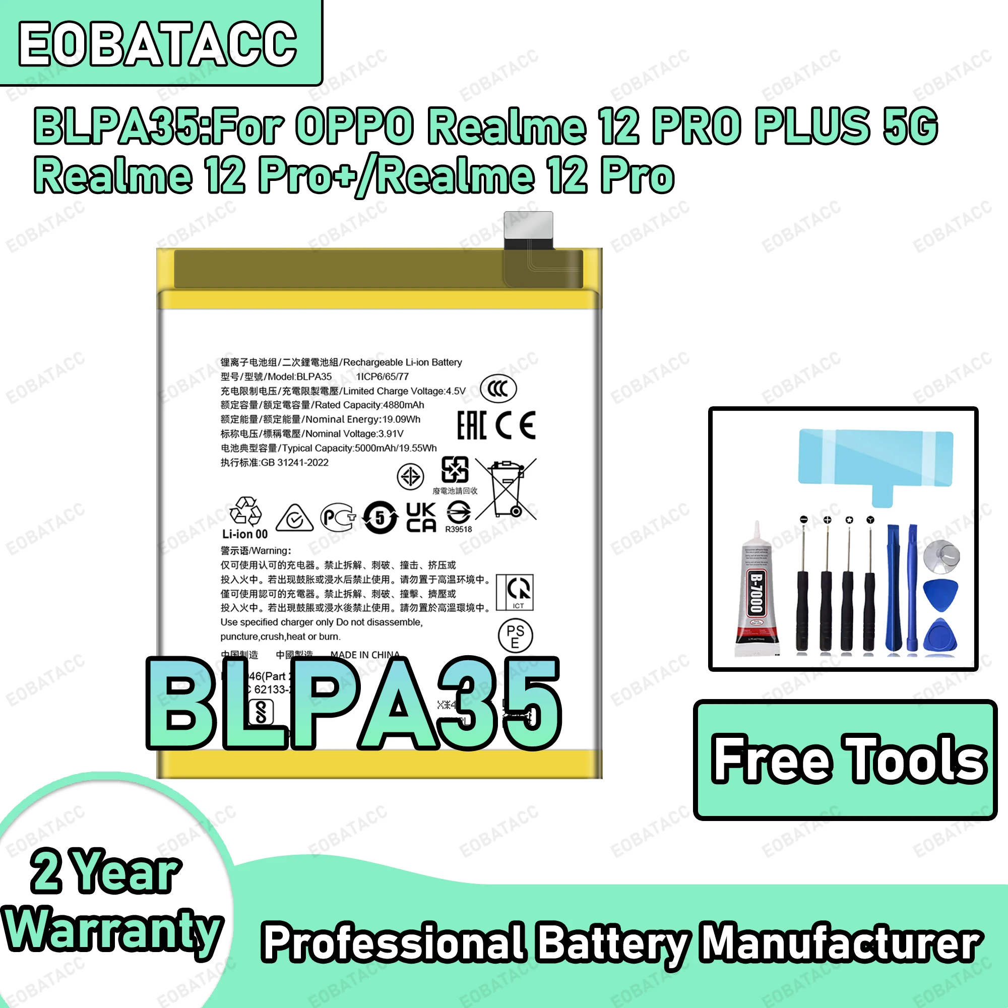 5000mAh 100% New BLPA35 Battery For OPPO Realme 12 PRO PLUS 5G Replacement Bateria+Free Tools
5000mAh 100% New BLPA35 Battery For OPPO Realme 12 PRO PLUS 5G Replacement Bateria+Free Tools