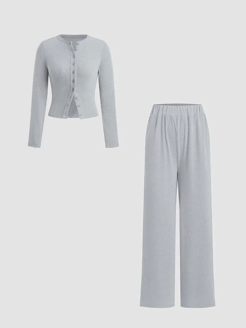 Женский комплект из двух предметов: футболка в рубчик с длинными рукавами и широкие брюки, повседневная осень-зима, женская модная одежда 
Женский комплект из двух предметов: футболка в рубчик с длинными рукавами и широкие брюки, повседневная осень-зима, женская модная одежда