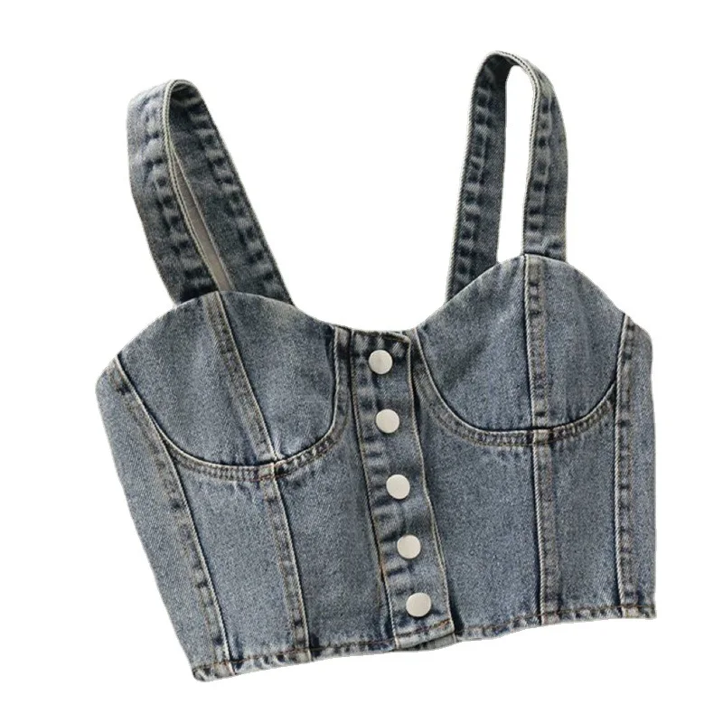 Girls camisole vest summer new denim single-breasted short camisole Korean version of the back elastic pleated fashion
Girls camisole vest summer new denim single-breasted short camisole Korean version of the back elastic pleated fashion