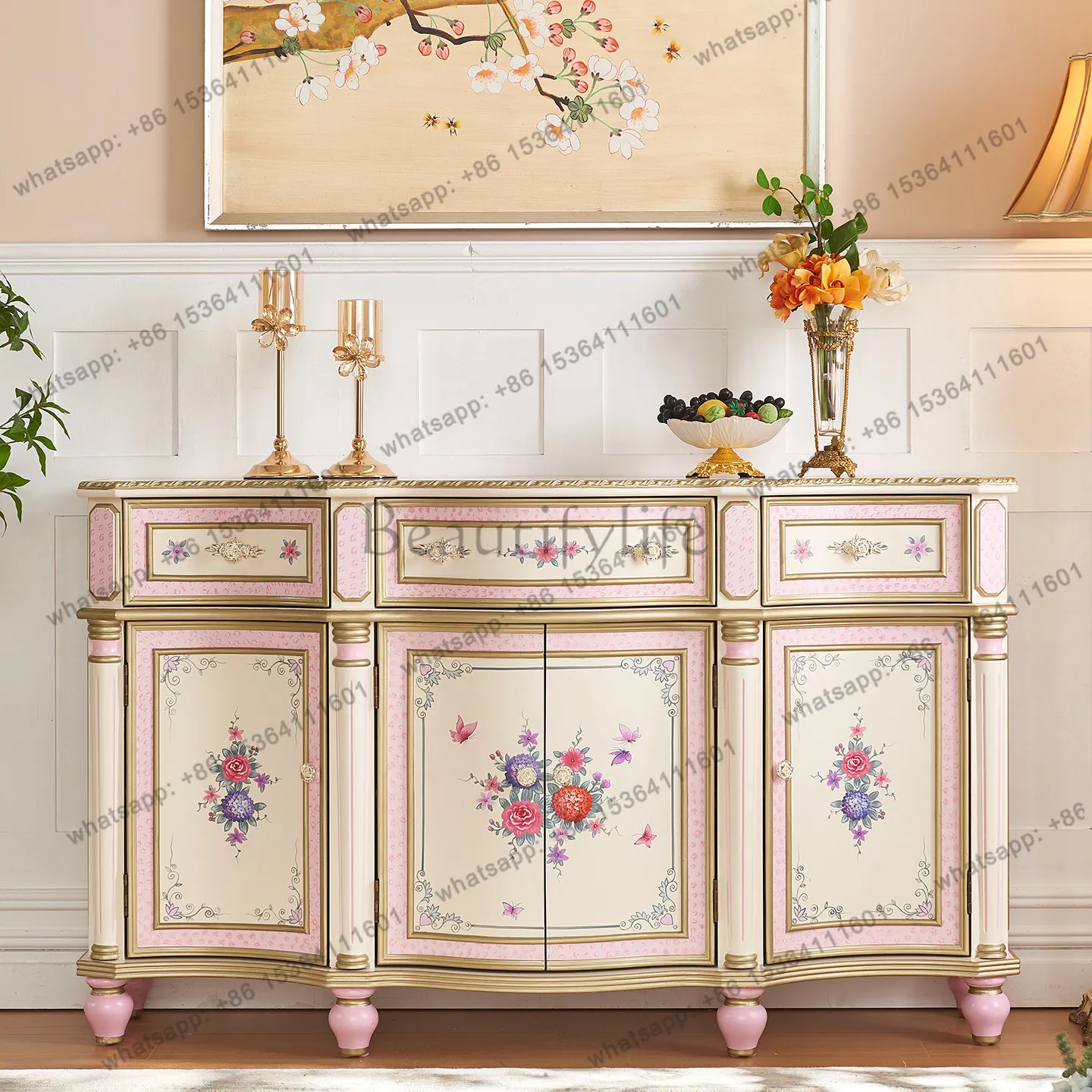 European and French palace creamy luxury classical pink and white living room solid wood entrance decorative cabinet
European and French palace creamy luxury classical pink and white living room solid wood entrance decorative cabinet
