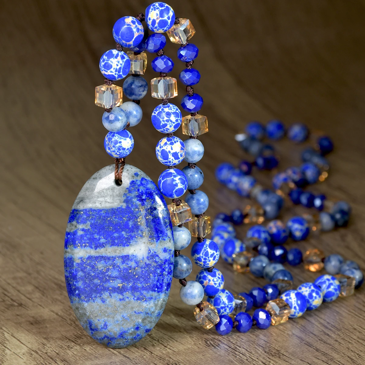 Boho Lapis Lazuli Oval Pendant Long Necklace With 8mm Imperial Stone Hand-knotted Sweater Chain Perfect Gifts For Your Beloved
Boho Lapis Lazuli Oval Pendant Long Necklace With 8mm Imperial Stone Hand-knotted Sweater Chain Perfect Gifts For Your Beloved