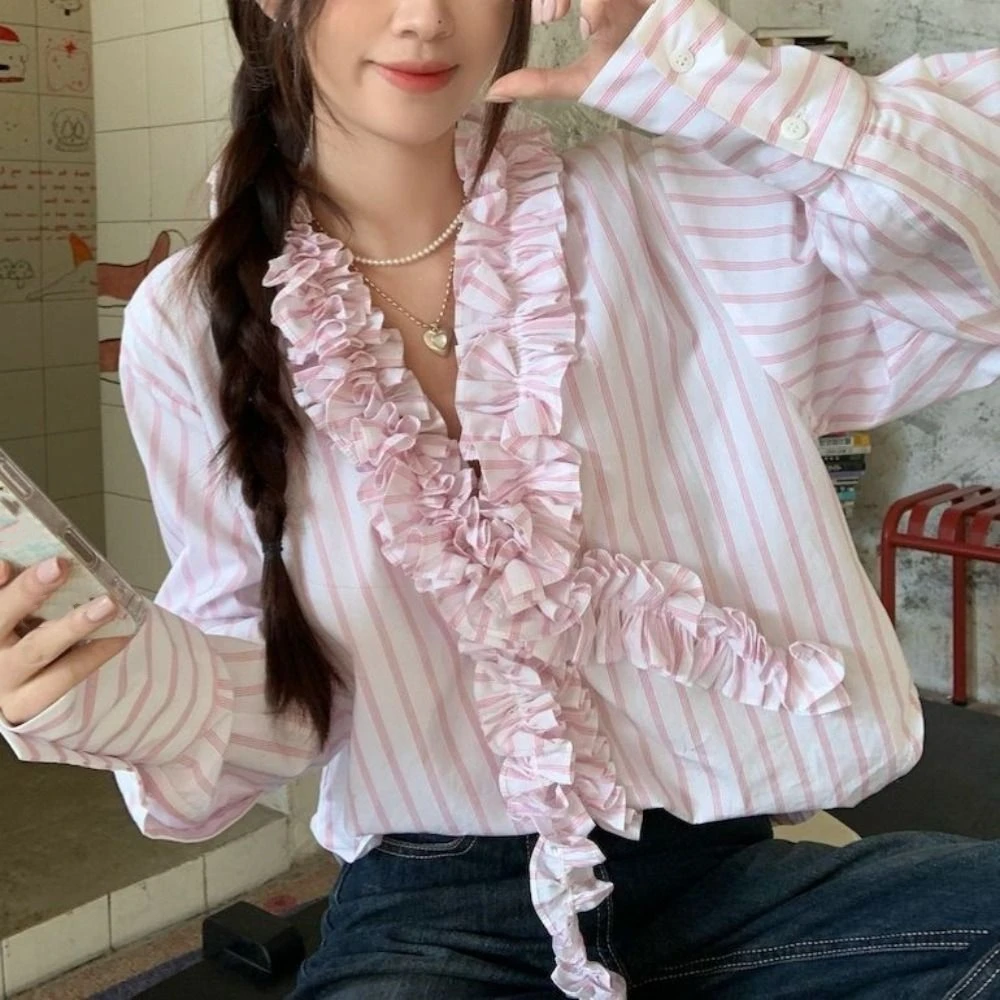 Fashion Sweet Pink Stripe Blouse Tassel Loose Long Sleeve Shirts Curved Hem Thin Deep V Flouce Shirt Summer
Fashion Sweet Pink Stripe Blouse Tassel Loose Long Sleeve Shirts Curved Hem Thin Deep V Flouce Shirt Summer