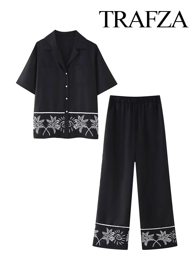 TRAFZA Women New Fashion Lapel Embroidered Half Sleeve Single Breasted Shirt+Chic Elegant Black Elastic Waist Pants 2 Piece Set
TRAFZA Women New Fashion Lapel Embroidered Half Sleeve Single Breasted Shirt+Chic Elegant Black Elastic Waist Pants 2 Piece Set