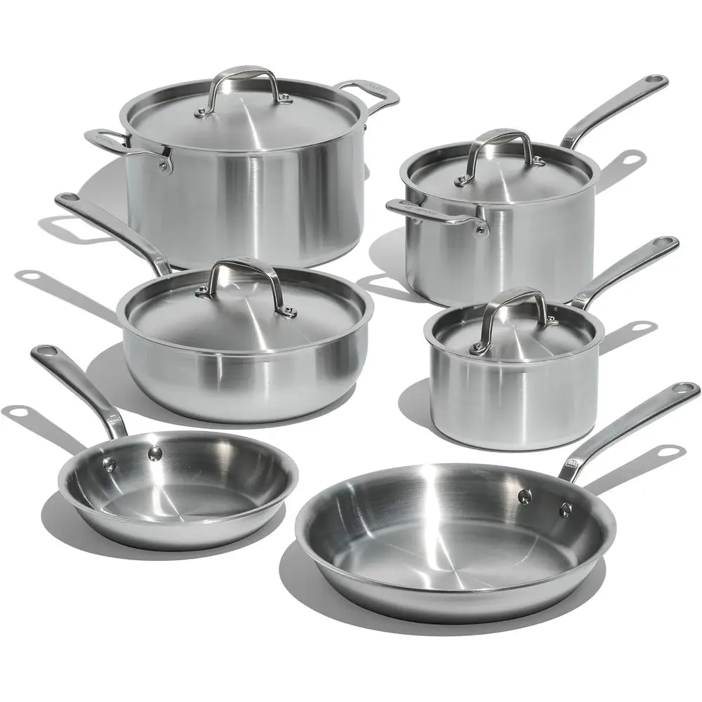 10-Piece Italian-Made Stainless Steel Cookware Set: 5-Ply Clad with Frying Pans, Sauteuse, Saucepan, and Stockpot with Lids
10-Piece Italian-Made Stainless Steel Cookware Set: 5-Ply Clad with Frying Pans, Sauteuse, Saucepan, and Stockpot with Lids