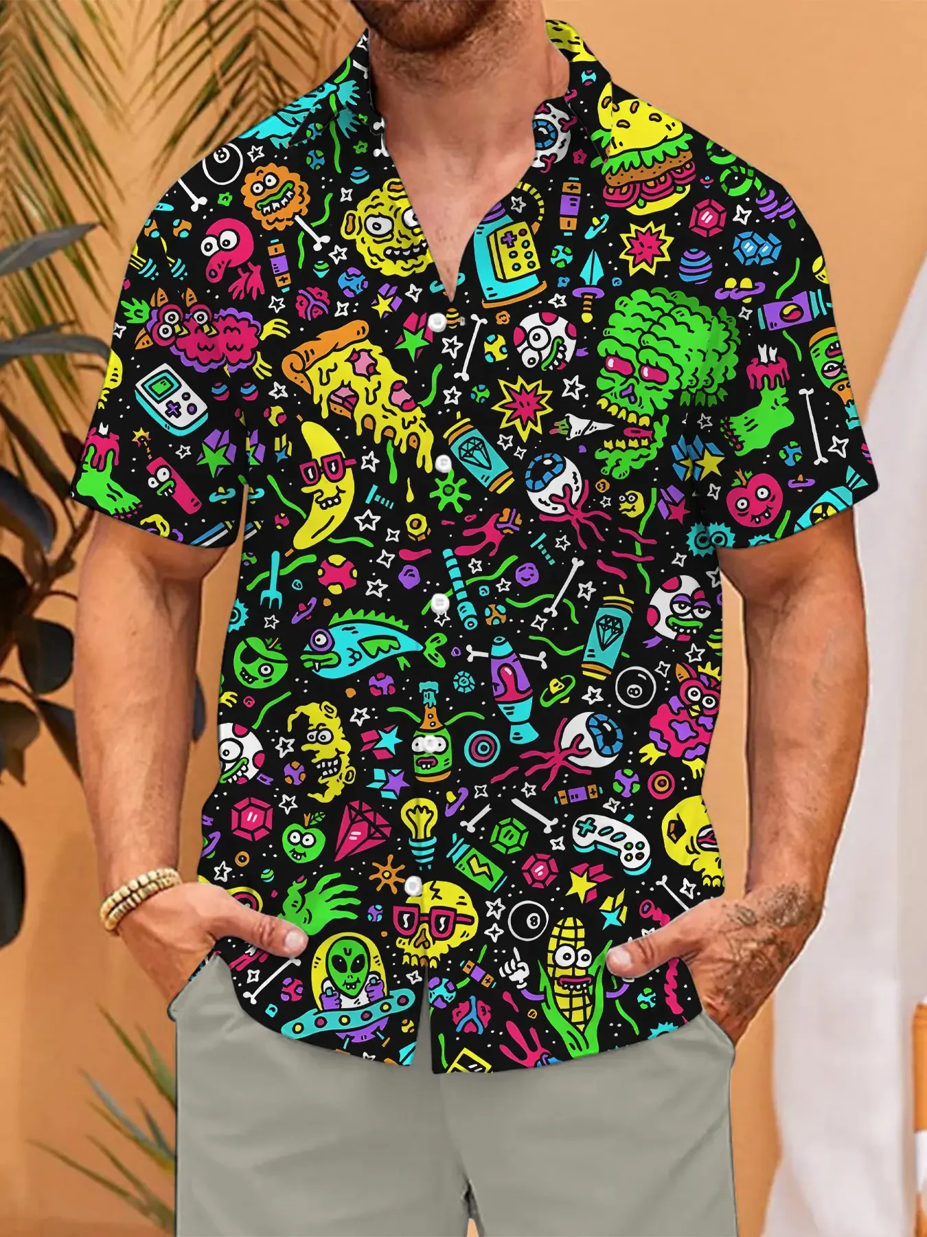 Men's Graffiti Doodle Print Hawaiian Shirts Neon Cartoon Monster Pizza Pattern Short Sleeve Button Down Casual Summer Shirts
Men's Graffiti Doodle Print Hawaiian Shirts Neon Cartoon Monster Pizza Pattern Short Sleeve Button Down Casual Summer Shirts