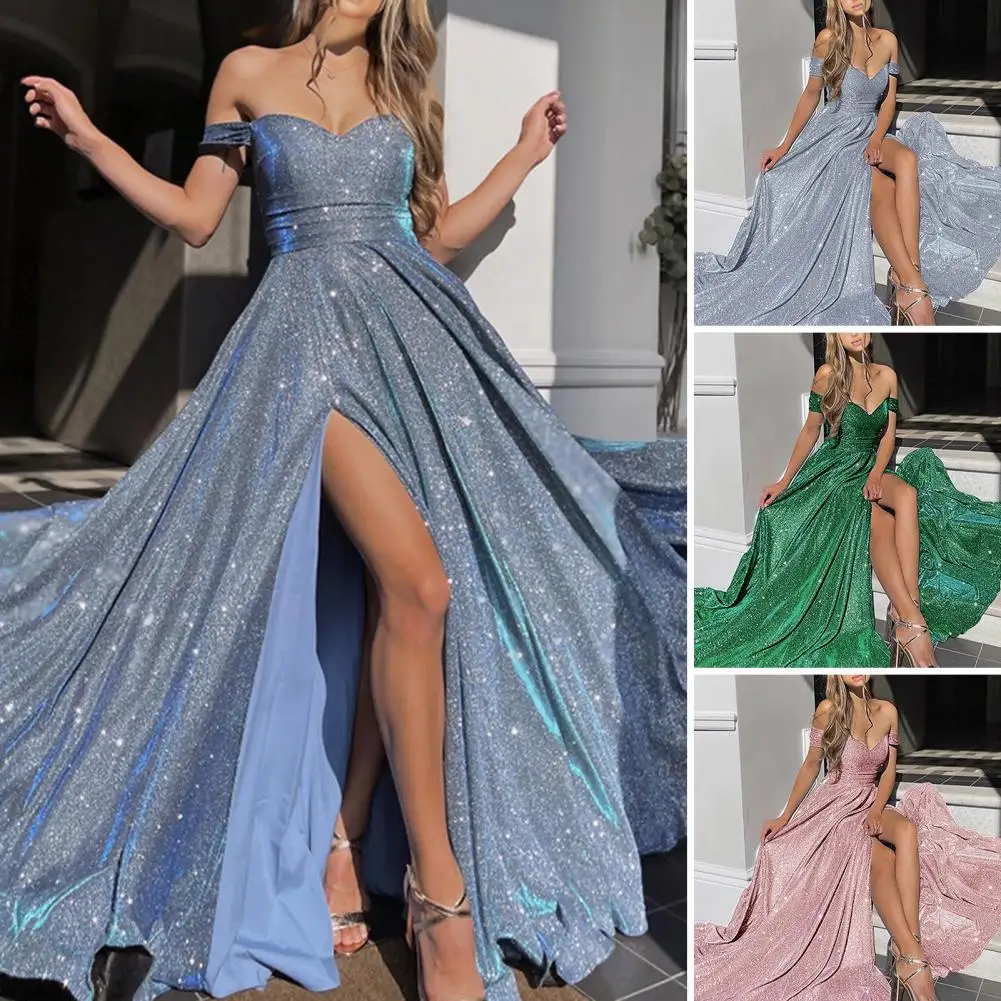 Women Mid-length Dress Elegant Sequin Evening Dress with Off-shoulder Design High Waist Split Hem A-line Silhouette for Prom
Women Mid-length Dress Elegant Sequin Evening Dress with Off-shoulder Design High Waist Split Hem A-line Silhouette for Prom