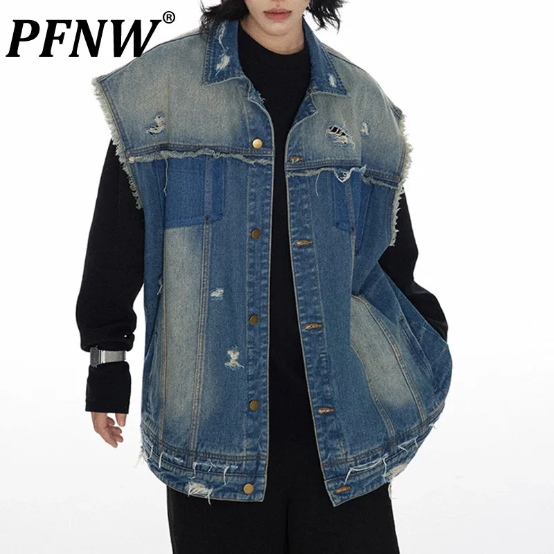 PFNW Niche Style Male Denim Vest Casual Worn-out Hole Sleeveless Turn-down Collar Vintage Men's Clothing Contract Color 28W3542
PFNW Niche Style Male Denim Vest Casual Worn-out Hole Sleeveless Turn-down Collar Vintage Men's Clothing Contract Color 28W3542