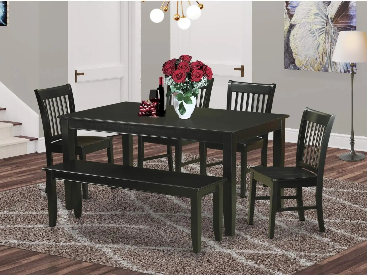 6-Piece Dinette Set - A Dinner Table and A Lovely Bench Rectangular Top - 4 Dining Room Chairs Solid Wood Back - Black Finish
6-Piece Dinette Set - A Dinner Table and A Lovely Bench Rectangular Top - 4 Dining Room Chairs Solid Wood Back - Black Finish