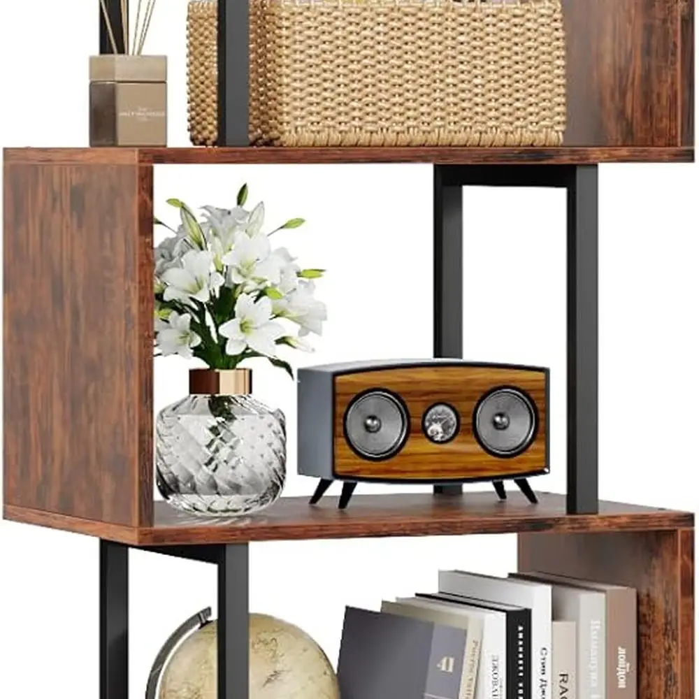 Modern 6-Shelf S-Curved Bookcase, Wooden & Metal Decor Rack for Home or Office, Rustic Brown
Modern 6-Shelf S-Curved Bookcase, Wooden & Metal Decor Rack for Home or Office, Rustic Brown