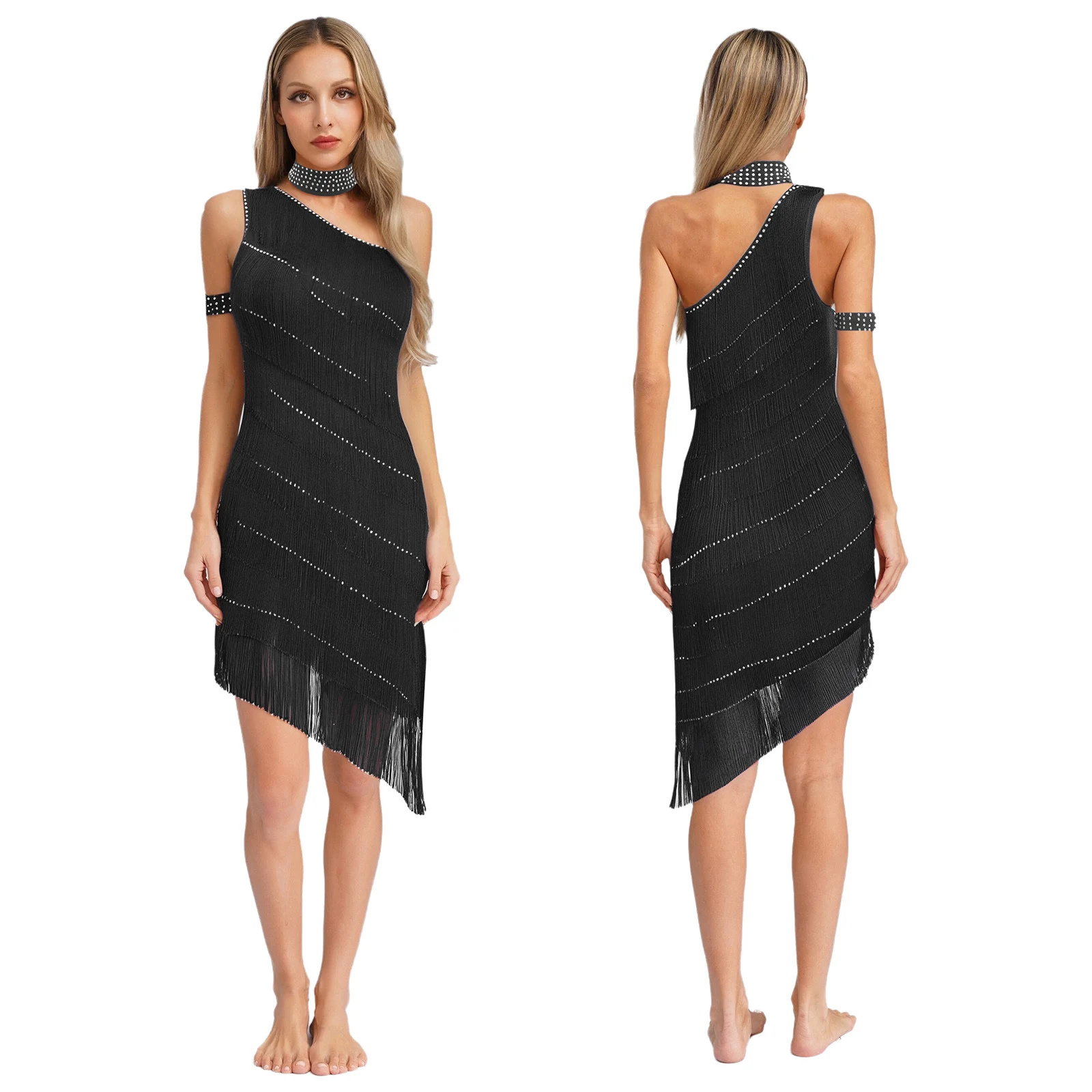 Women Latin Dance Costume Sparkle Rhinestone Sleeveless Irregular Modern Tassel Tiered Dress with Choker+Armband for Salsa Tango
Women Latin Dance Costume Sparkle Rhinestone Sleeveless Irregular Modern Tassel Tiered Dress with Choker+Armband for Salsa Tango