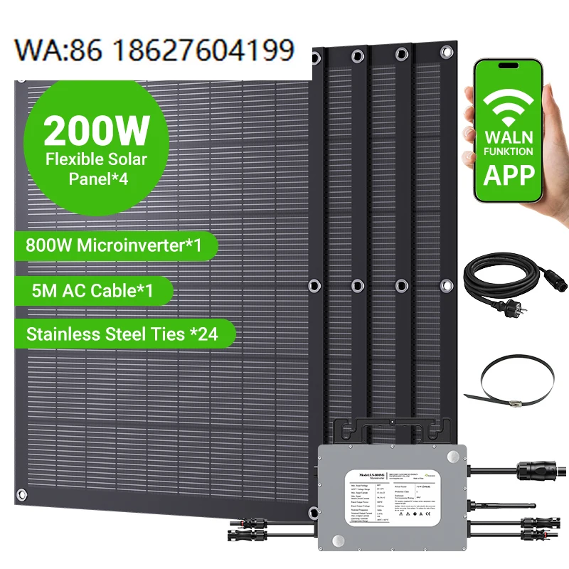800W Balcony Solar Complete Set, 4pcs 200W Flexible Panel 800W Grid Tie Micro Inverter
800W Balcony Solar Complete Set, 4pcs 200W Flexible Panel 800W Grid Tie Micro Inverter