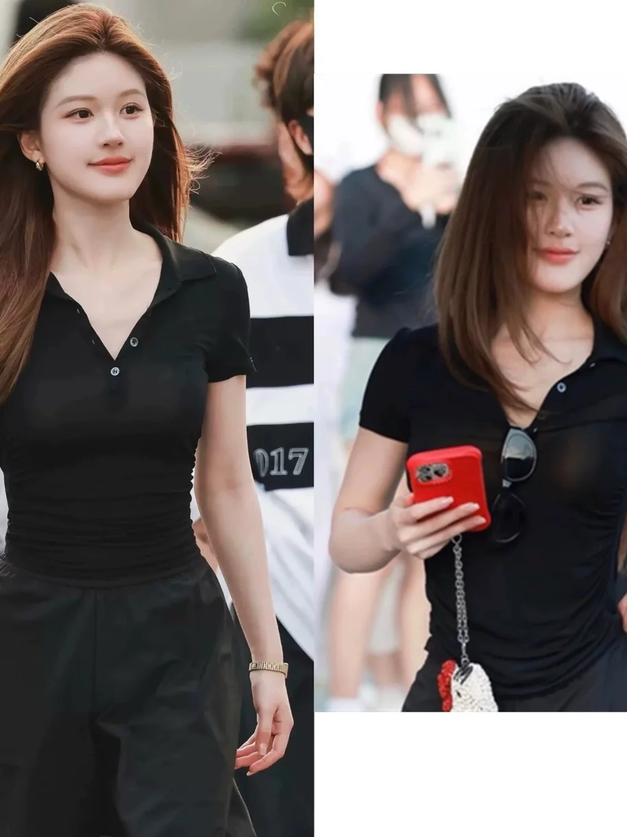 Black Shirt Short Sleeve Women's Slim Fit Design Summer Top Xue Me Shao Zhao Lu Si Tagkita Knitted Pure Color Commute Style
Black Shirt Short Sleeve Women's Slim Fit Design Summer Top Xue Me Shao Zhao Lu Si Tagkita Knitted Pure Color Commute Style