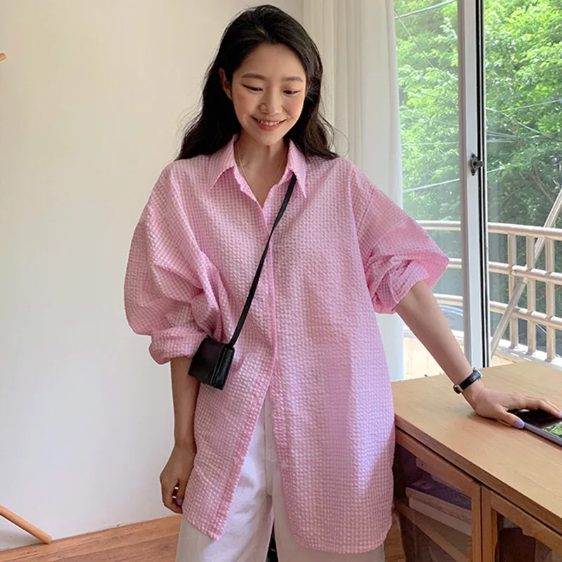 Summer Pink Sun Protection Loose Fit Long Sleeve Shirt Thin Bubble Texture Small Size Women's Checkered Patterned Collar
Summer Pink Sun Protection Loose Fit Long Sleeve Shirt Thin Bubble Texture Small Size Women's Checkered Patterned Collar