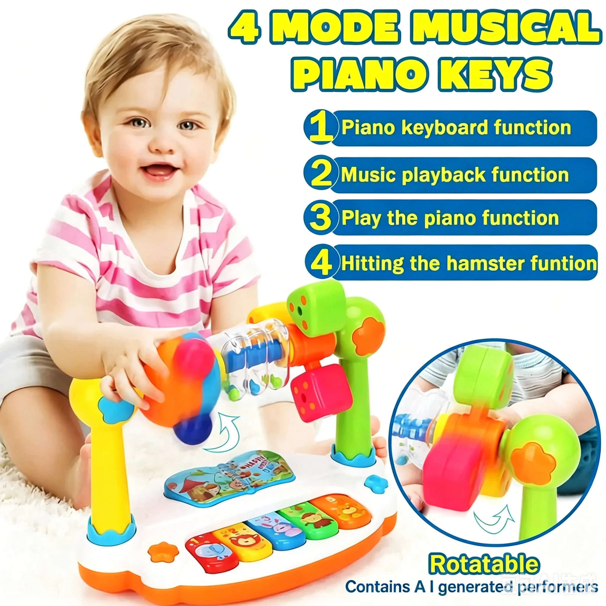 Baby Piano Toy Children's Rotating Musical Piano Keyboard with Lights and Sound Early Education Music Toy Birthday Holiday Gifts
Baby Piano Toy Children's Rotating Musical Piano Keyboard with Lights and Sound Early Education Music Toy Birthday Holiday Gifts