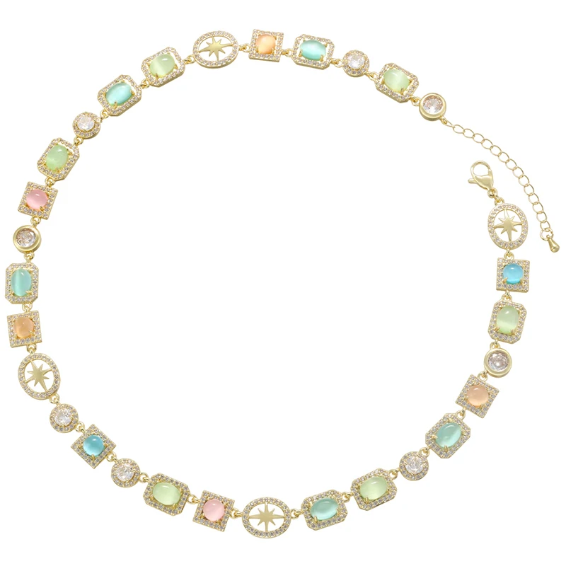 18K Gold Plated Brass Starburst Multicolor CZ Necklace, Adjustable 16"+2" Choker With Pastel Stones For Women:VL782
18K Gold Plated Brass Starburst Multicolor CZ Necklace, Adjustable 16"+2" Choker With Pastel Stones For Women:VL782