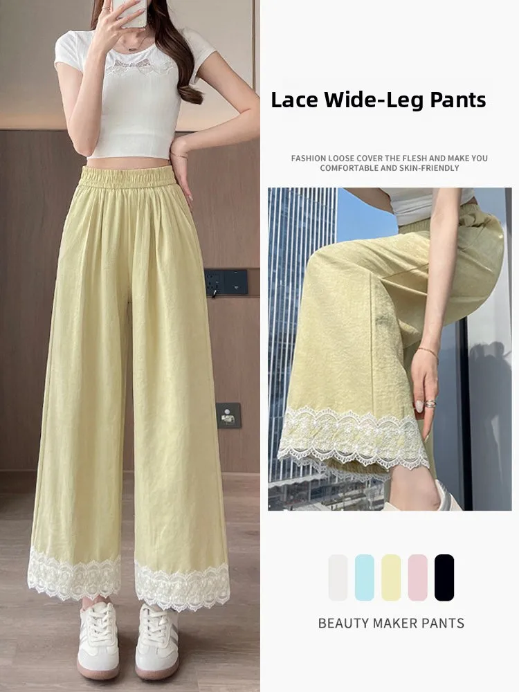 Lace Trim Wide Leg Pants Women Summer Thin Ice Silk Nine Points Sun Protection Dopa Casual Pants High Waist Straight Tube
Lace Trim Wide Leg Pants Women Summer Thin Ice Silk Nine Points Sun Protection Dopa Casual Pants High Waist Straight Tube