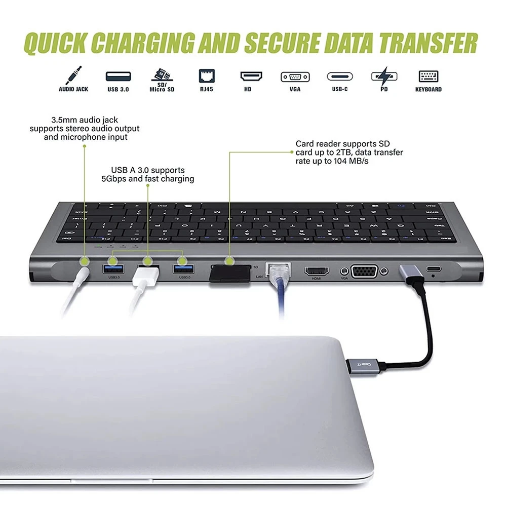 QA06R 11 in 1 Keyboard Usb C Docking Station with 100W PD, 4K , VGA, Ethernet, Card Reader, USB 3.0, Aux USB C HUB for Laptop
QA06R 11 in 1 Keyboard Usb C Docking Station with 100W PD, 4K , VGA, Ethernet, Card Reader, USB 3.0, Aux USB C HUB for Laptop