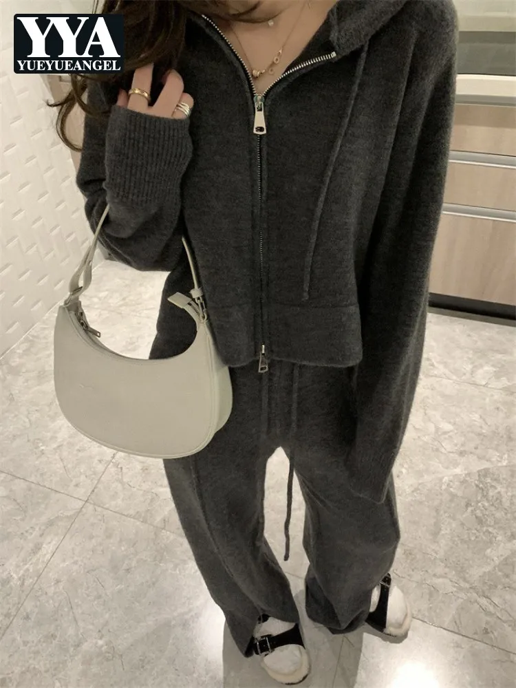 Autumn Women Knitted Tracksuit Zipper Solid Color Streetwear Casual Hooded Sweater High Waist Split Wide Leg Pants Two Piece Set
Autumn Women Knitted Tracksuit Zipper Solid Color Streetwear Casual Hooded Sweater High Waist Split Wide Leg Pants Two Piece Set