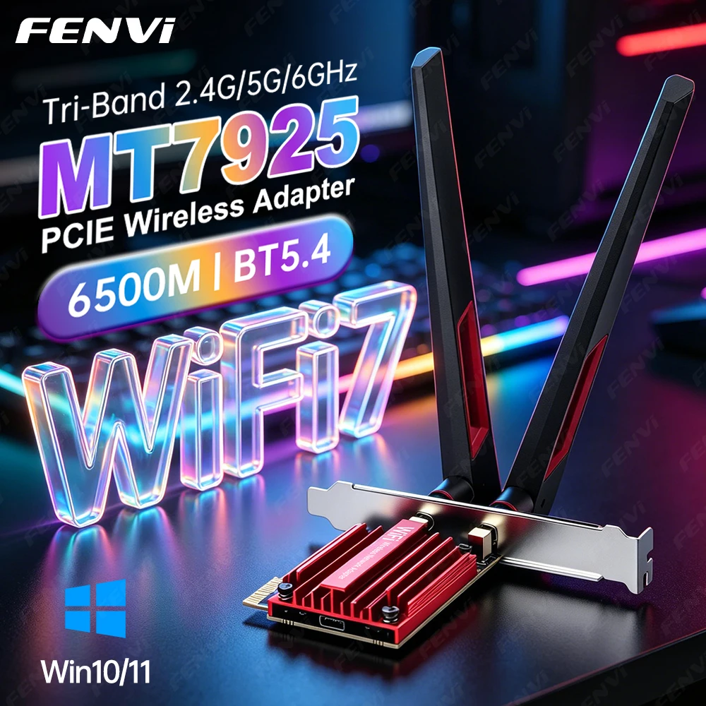 FENVI WiFi 7 MT7925 BE6500 PCIE Adapter BT 5.4 Tri Band 2.4G/5Ghz/6Ghz 802.11BE 6500Mbps Wireless Network Card For AMD Win10/11
FENVI WiFi 7 MT7925 BE6500 PCIE Adapter BT 5.4 Tri Band 2.4G/5Ghz/6Ghz 802.11BE 6500Mbps Wireless Network Card For AMD Win10/11
