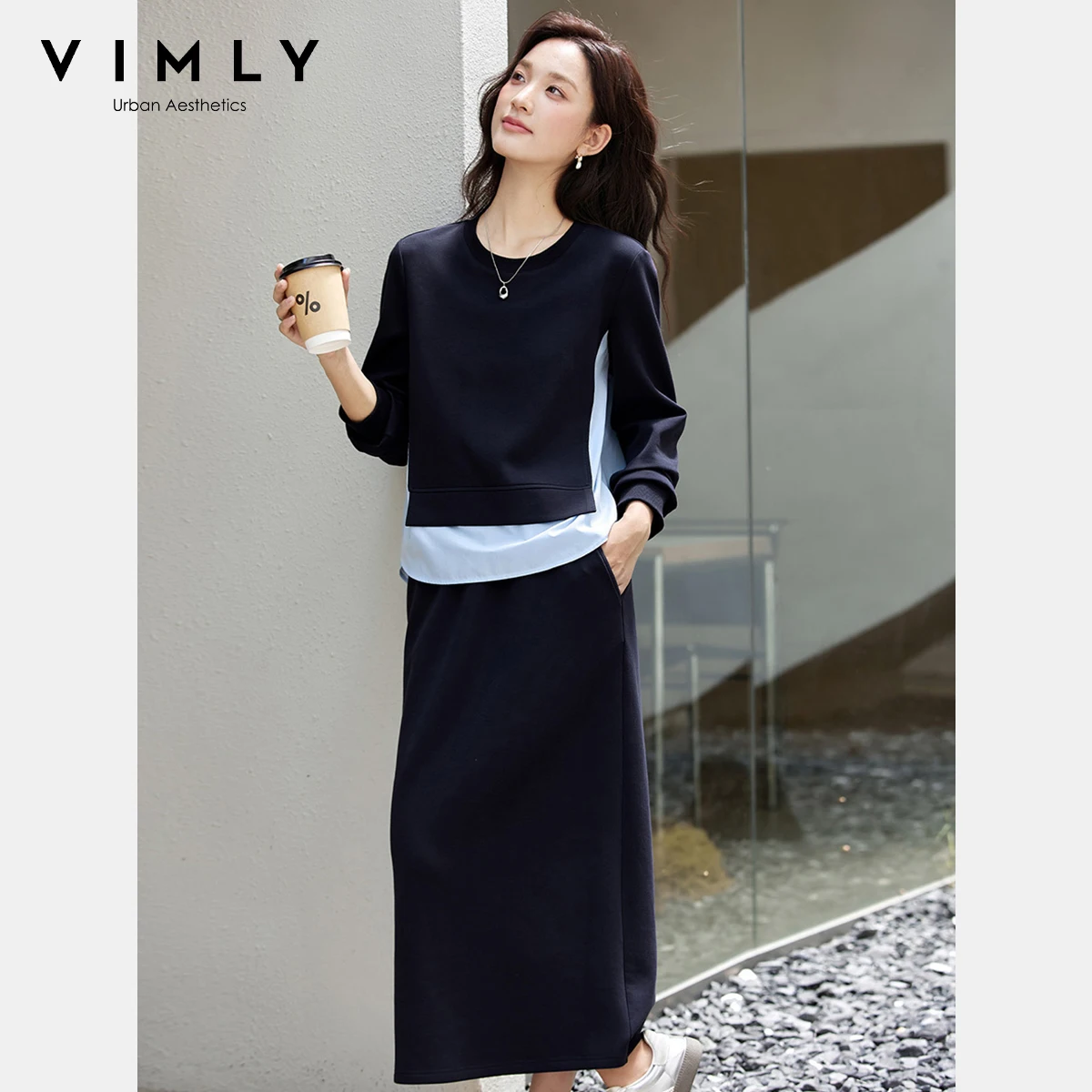 VIMLY Elegant Woman Navy Blue Skirt Sets Spliced Round Neck Sweatshirt Midi Skirt Autumn 2025 Casual Ladies Two Piece Sets A2883
VIMLY Elegant Woman Navy Blue Skirt Sets Spliced Round Neck Sweatshirt Midi Skirt Autumn 2025 Casual Ladies Two Piece Sets A2883