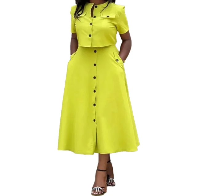 Elegant Solid Color Summer 2-Piece Set of Solid Color Round Neck Single Breasted Shirt Top and High Waisted A-Line Skirt Set
Elegant Solid Color Summer 2-Piece Set of Solid Color Round Neck Single Breasted Shirt Top and High Waisted A-Line Skirt Set