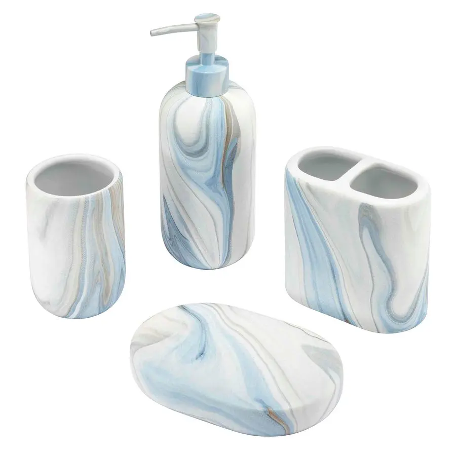 Bath Set, 4pc Countertop Accessories, Resin Tumbler, Toothbrush Holder, Soap Dish, Lotion Pump Waves Collection, Blue
Bath Set, 4pc Countertop Accessories, Resin Tumbler, Toothbrush Holder, Soap Dish, Lotion Pump Waves Collection, Blue