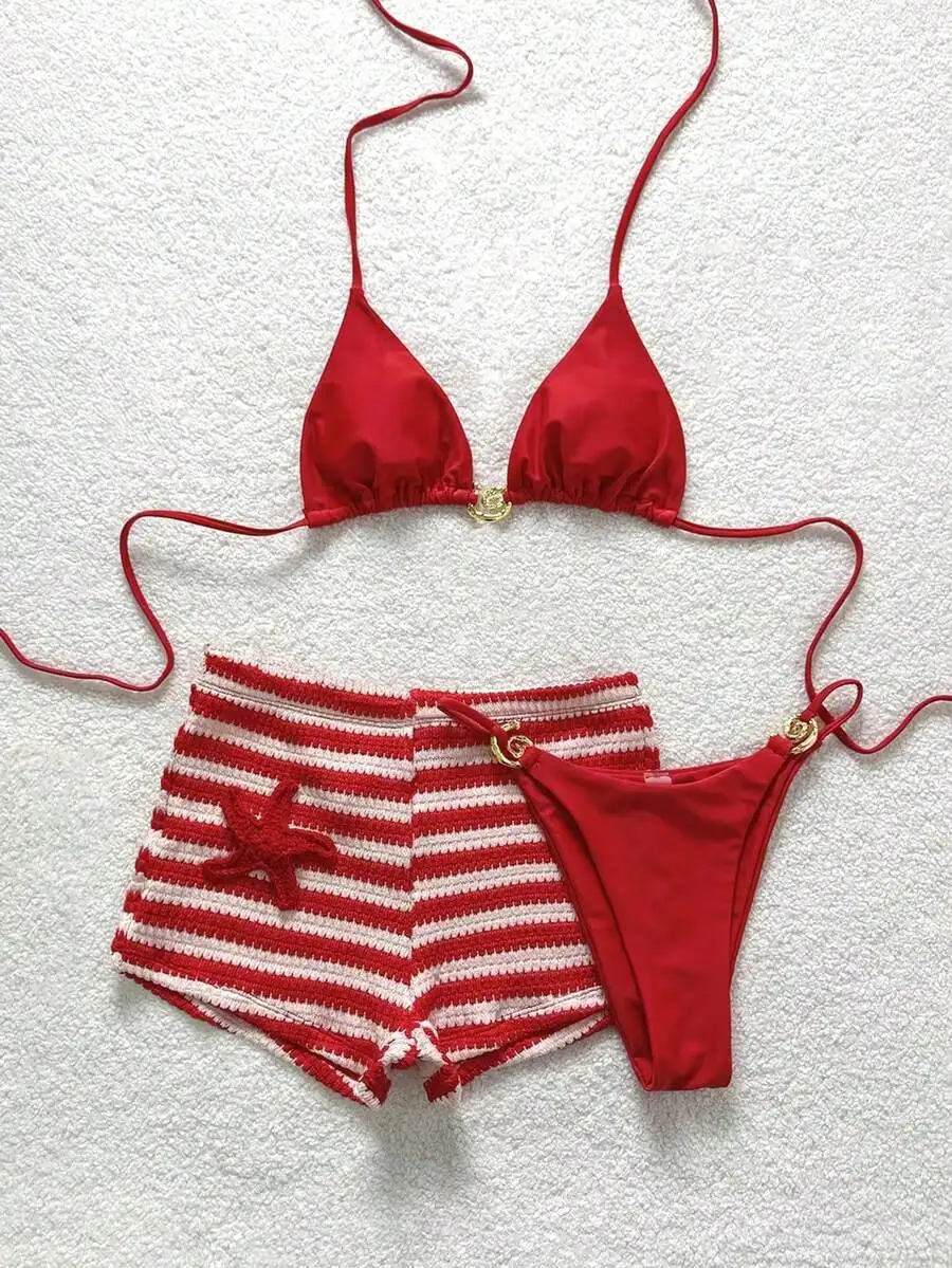 Red Solid Halter Tie Knot Bikini Top With Striped Crochet Shorts Set For Women Beach Vacation Outfit
Red Solid Halter Tie Knot Bikini Top With Striped Crochet Shorts Set For Women Beach Vacation Outfit