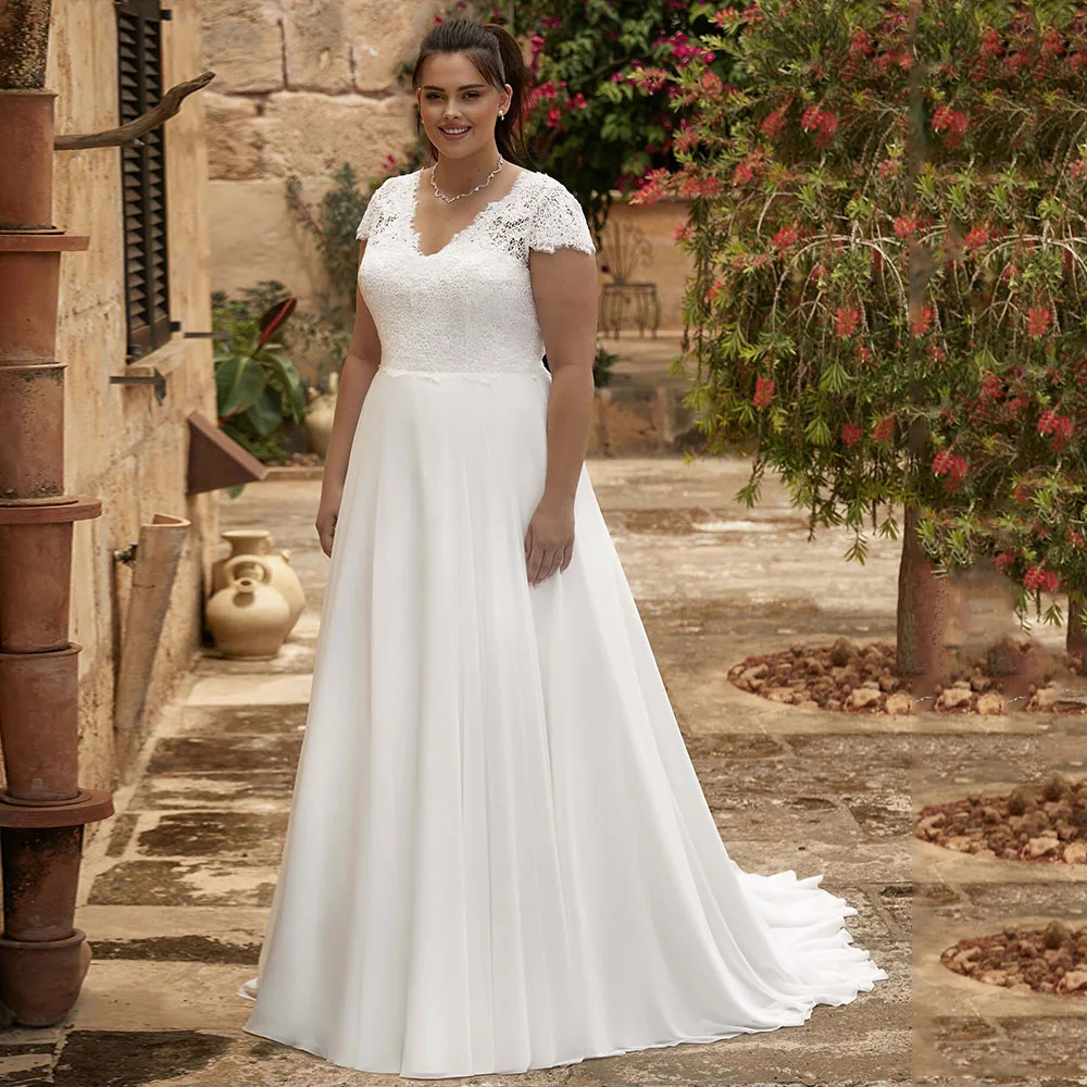 Boho Chiffon Wedding Dresses Plus Size V Neck Short Sleeves Applique Bride Gowns Sweep Train Backless A-Line Vestido De Novia
Boho Chiffon Wedding Dresses Plus Size V Neck Short Sleeves Applique Bride Gowns Sweep Train Backless A-Line Vestido De Novia