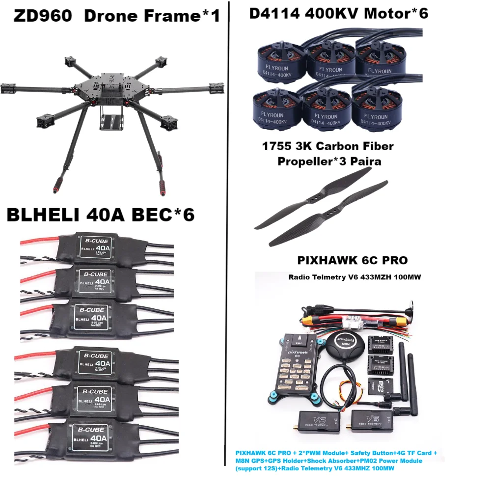 ZD960 PIXHAWK 6C PRO M8N Полностью карбоновая рама с шестиротором BLHELI 40A ESC Комплект телеметрии Rado для управления полетом
ZD960 PIXHAWK 6C PRO M8N Полностью карбоновая рама с шестиротором BLHELI 40A ESC Комплект телеметрии Rado для управления полетом