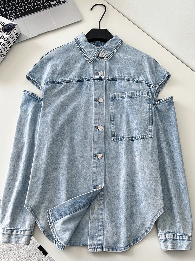Casual design hollowed out off shoulder long sleeved denim shirt women's spring new loose and versatile cardigan jacket
Casual design hollowed out off shoulder long sleeved denim shirt women's spring new loose and versatile cardigan jacket