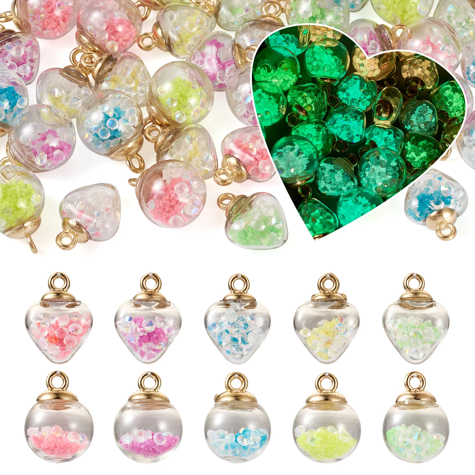50Pcs Round & Heart Glass Globe Charms Luminous Pendants with Glass Rhinestone Inside for Earrings Necklace Jewelry Making
50Pcs Round & Heart Glass Globe Charms Luminous Pendants with Glass Rhinestone Inside for Earrings Necklace Jewelry Making