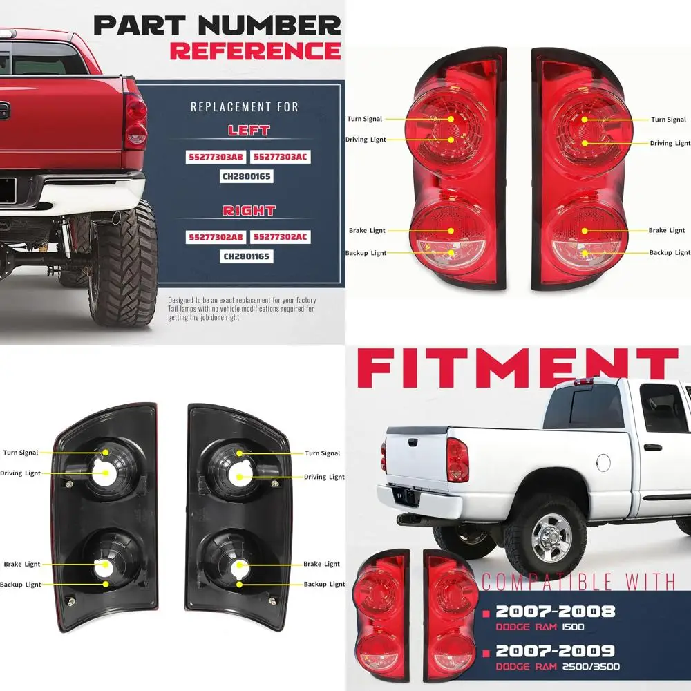 2007-2009 Dodge Ram 1500 Tail Lights Pair, Red, Fits Models 25003500, Replacement for CH2800165, CH2801165, 55277303AC, 55277302
2007-2009 Dodge Ram 1500 Tail Lights Pair, Red, Fits Models 25003500, Replacement for CH2800165, CH2801165, 55277303AC, 55277302
