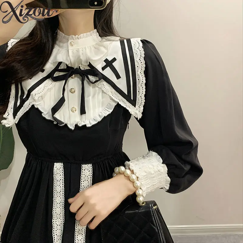 Gothic Lolita Vintage Hepburn Style Black Navy Collar Ruffle Edge Large Dresses Long Sleeve Princess Dress Summer Women 2025
Gothic Lolita Vintage Hepburn Style Black Navy Collar Ruffle Edge Large Dresses Long Sleeve Princess Dress Summer Women 2025