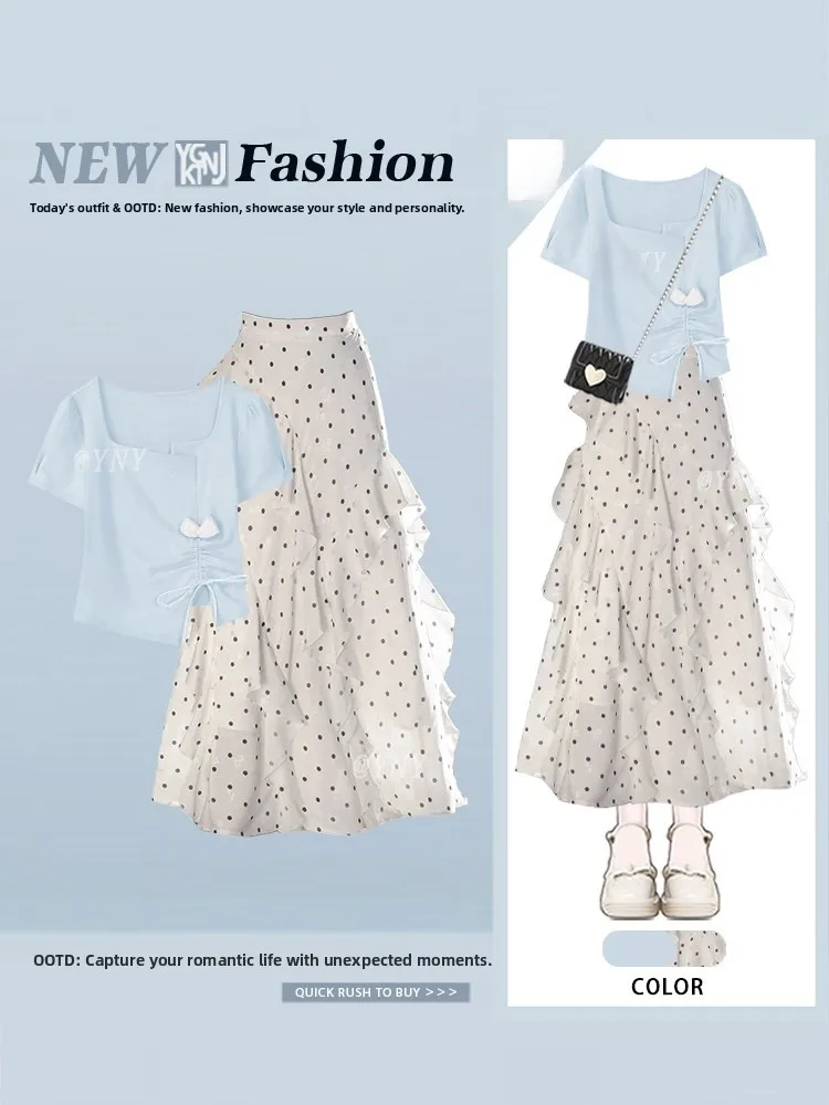 Summer New Women's Short Sleeve T-Shirt Salt System Anti-Aging Fashion Polka Dot Halter Skirt Two-Piece Set Design Sense
Summer New Women's Short Sleeve T-Shirt Salt System Anti-Aging Fashion Polka Dot Halter Skirt Two-Piece Set Design Sense