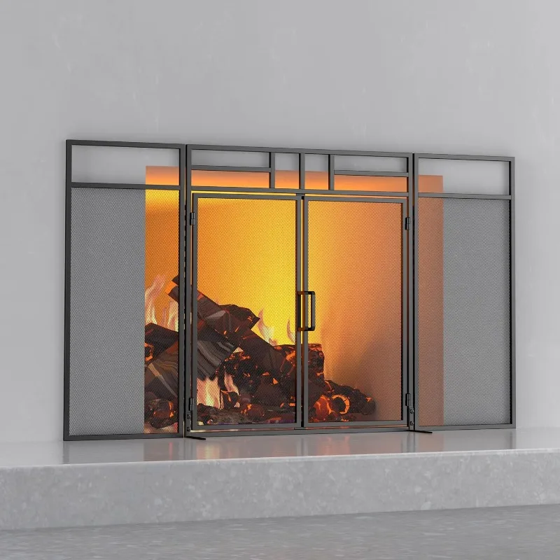 3-Panel Folding Fireplace Screen with Magnetic Hinged Doors, Solid Wrought Iron Panels Fire Spark Guard
3-Panel Folding Fireplace Screen with Magnetic Hinged Doors, Solid Wrought Iron Panels Fire Spark Guard