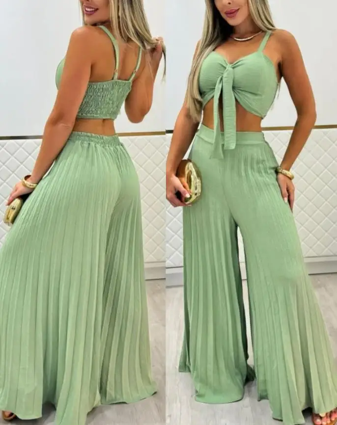 2-Piece Set of Cold Shoulder Lace Up Detail Shirt Top and High Waist Wide Leg Pants Set for Women's Summer Elegant Set
2-Piece Set of Cold Shoulder Lace Up Detail Shirt Top and High Waist Wide Leg Pants Set for Women's Summer Elegant Set