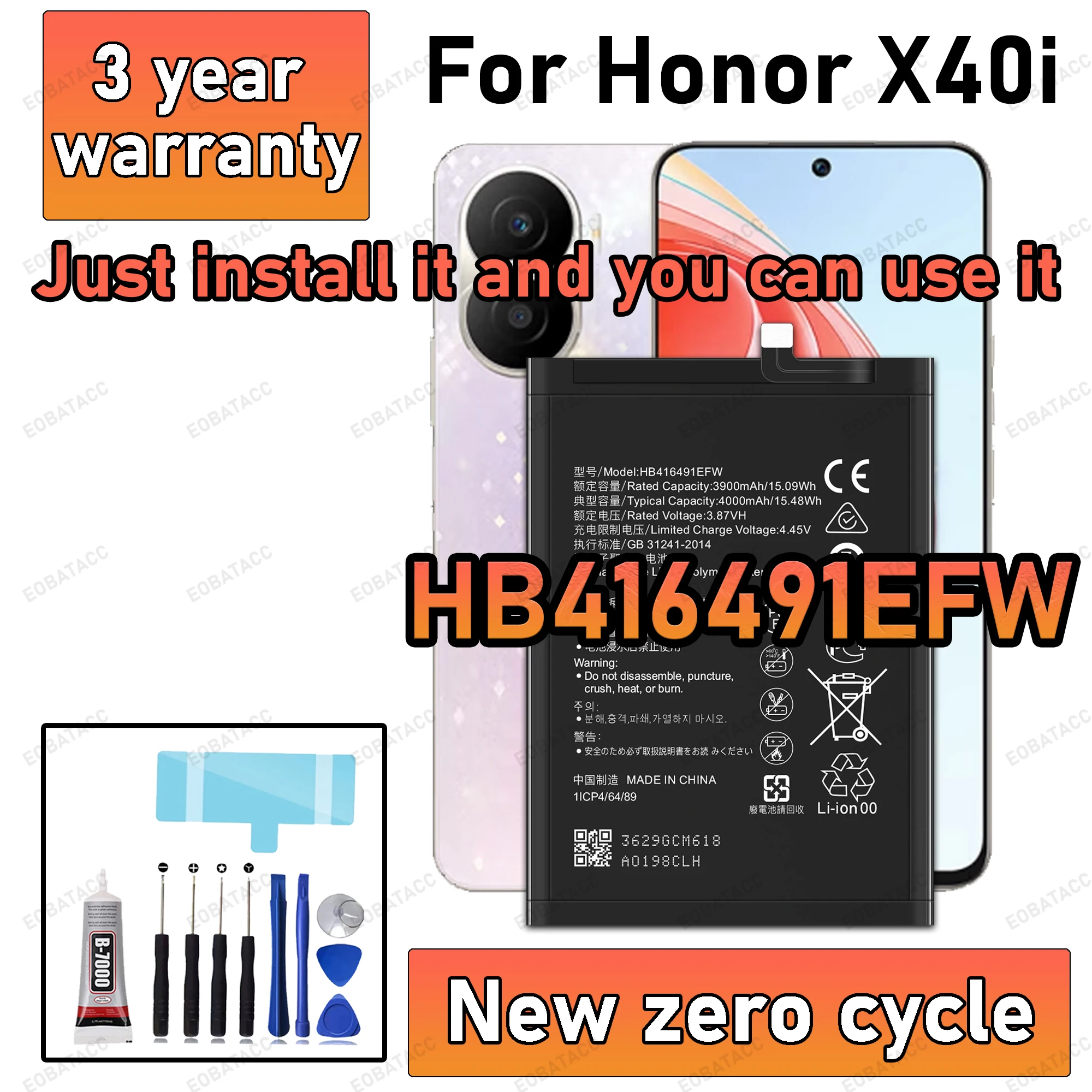 100% New High Capacity HB416491EFW Battery For HONOR X40I Phone batteries batteria+Free Tools
100% New High Capacity HB416491EFW Battery For HONOR X40I Phone batteries batteria+Free Tools