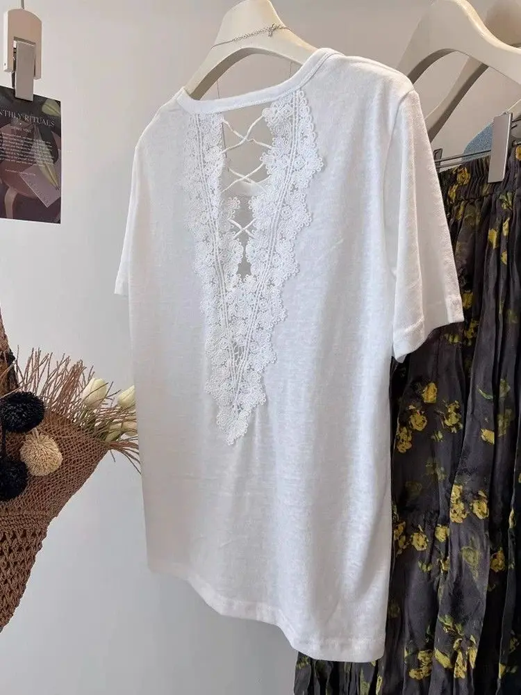 plus Size Lace Short Sleeve T-Shirt Women Summer Loose Slimming Lightweight Backless Hollow out round Neck Top for plus Size
plus Size Lace Short Sleeve T-Shirt Women Summer Loose Slimming Lightweight Backless Hollow out round Neck Top for plus Size