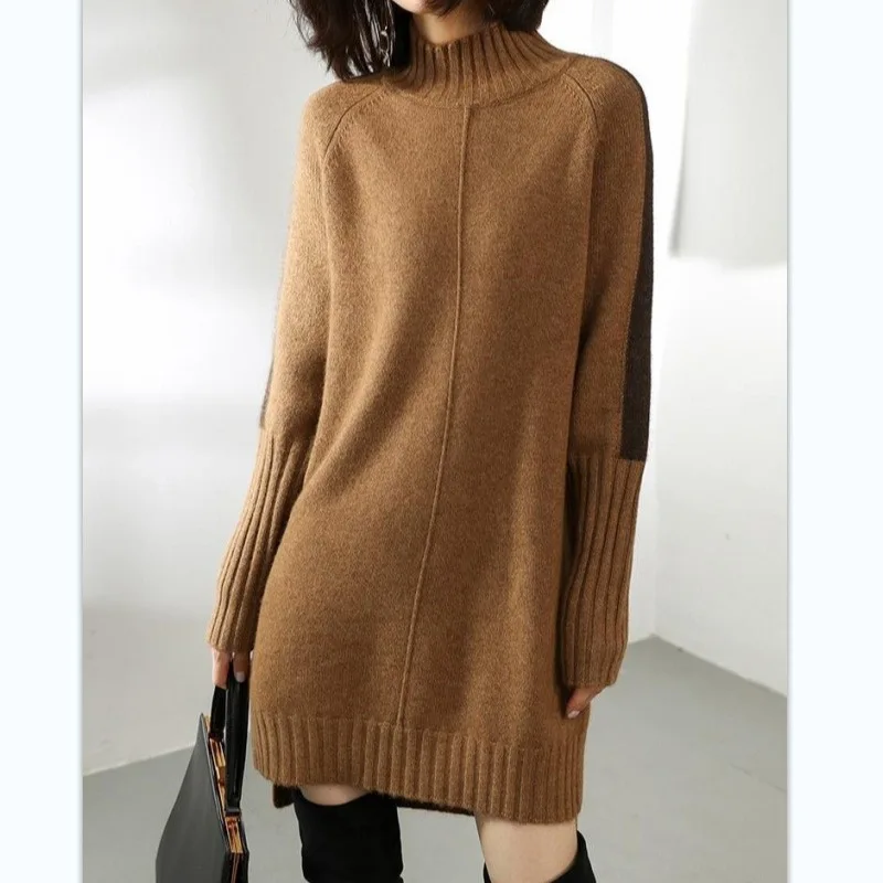 Autumn New Half Turtleneck Color Block Sweater Dress Women'S Mid-Length Loose Plus Size Knitted Dress Outerwear
Autumn New Half Turtleneck Color Block Sweater Dress Women'S Mid-Length Loose Plus Size Knitted Dress Outerwear