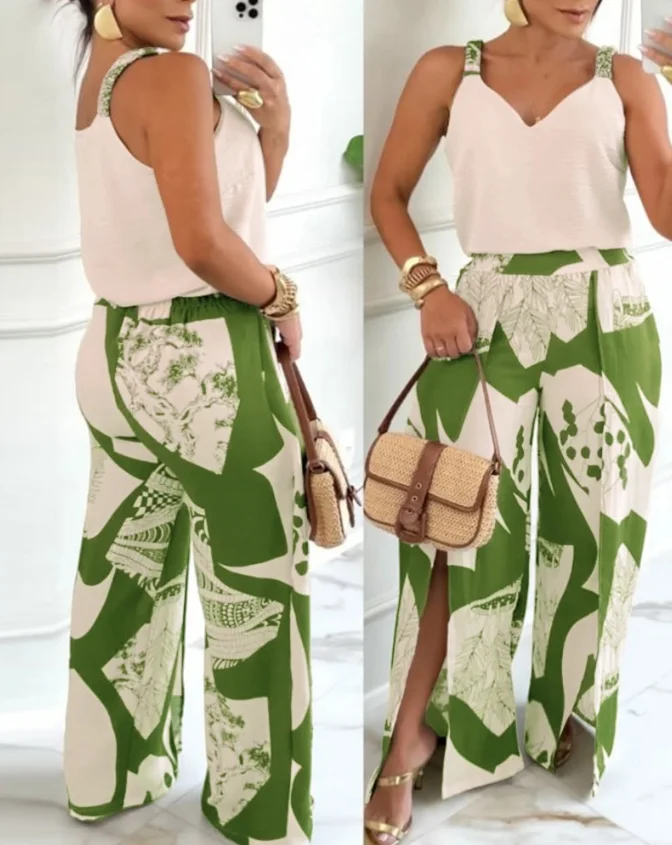 Women's two-piece plant pattern V-neck spaghetti strap top with split front, wide leg pants, elegant pants set, summer new style
Women's two-piece plant pattern V-neck spaghetti strap top with split front, wide leg pants, elegant pants set, summer new style