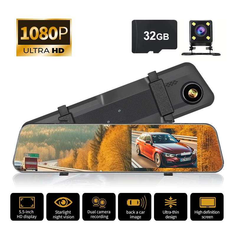 Dash cam Unique 5.5-Inch Driving Recorder Rearview Mirror 1080P HD Screen Front and Rear Dual Recording
Dash cam Unique 5.5-Inch Driving Recorder Rearview Mirror 1080P HD Screen Front and Rear Dual Recording