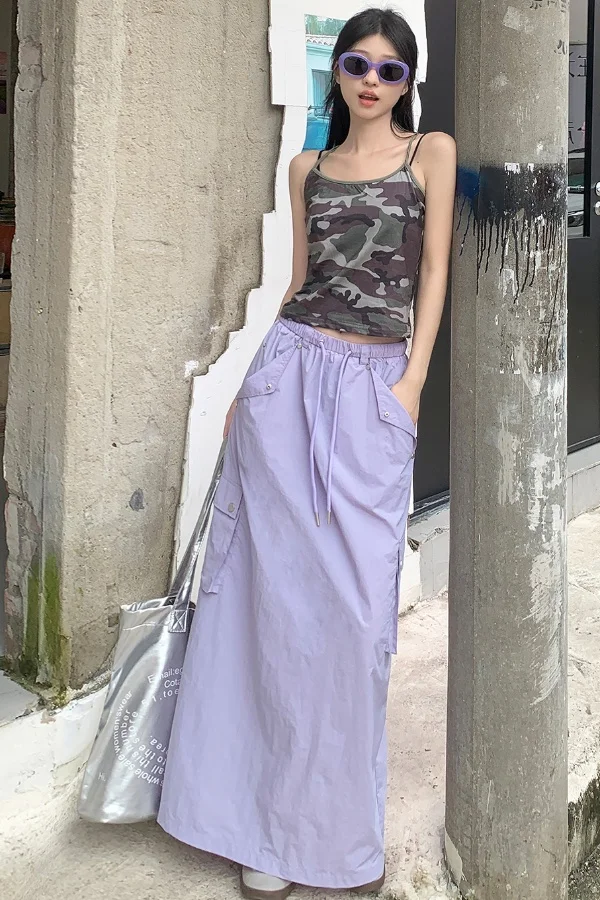 Summer American Vintage Cargo Skirt for Women High Waist Loose Fit Split Hem Drawstring Long Skirt Casual Streetwear Utility
Summer American Vintage Cargo Skirt for Women High Waist Loose Fit Split Hem Drawstring Long Skirt Casual Streetwear Utility