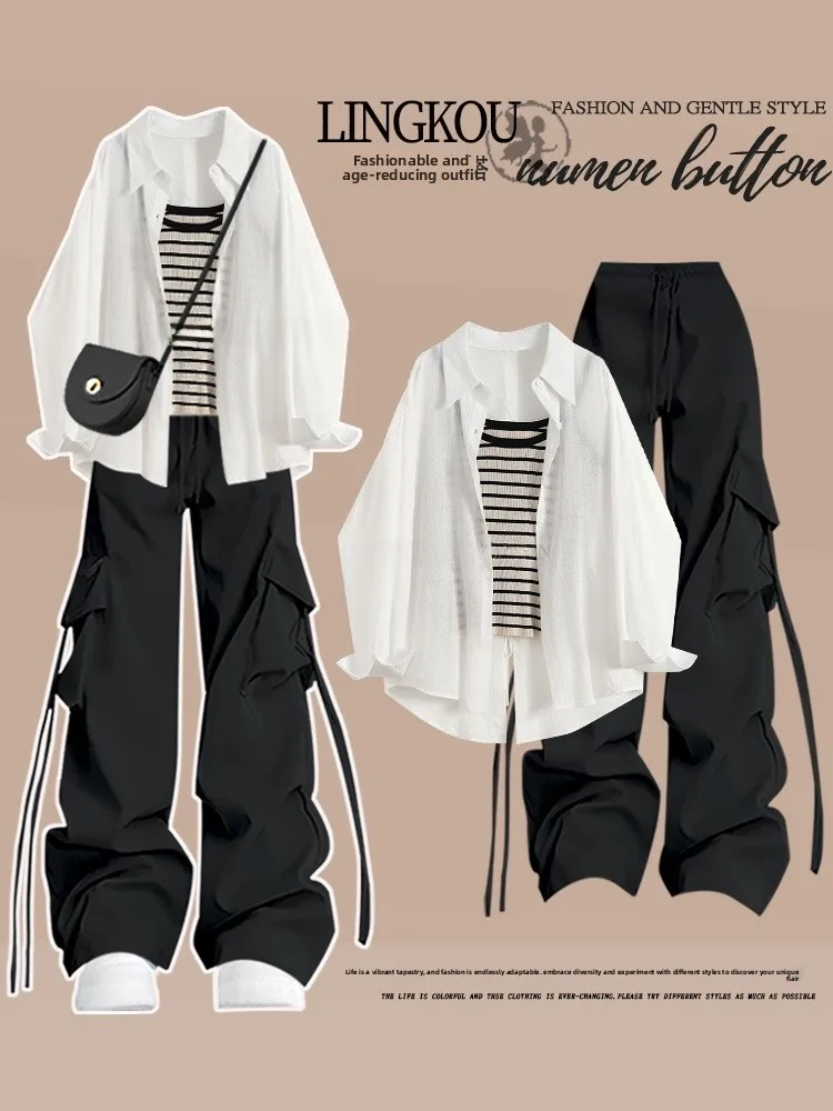 Summer Casual plus Size Women's Set Korean Style Sun Protection Striped Shirt Wide Leg Pants Slimming Workwear Three Piece Set
Summer Casual plus Size Women's Set Korean Style Sun Protection Striped Shirt Wide Leg Pants Slimming Workwear Three Piece Set