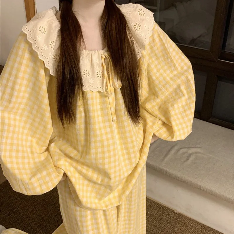 Korean Style Cloud Cotton Long Sleeve Sleepwear Set for Women Casual Sweet Lace Plaid Home Clothes Spring Autumn Winter
Korean Style Cloud Cotton Long Sleeve Sleepwear Set for Women Casual Sweet Lace Plaid Home Clothes Spring Autumn Winter